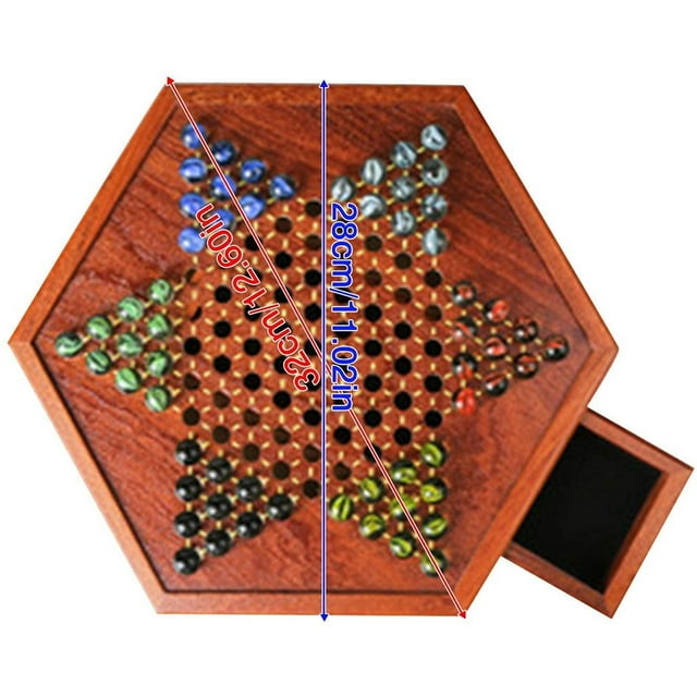 Juego de mesa de damas chinas portátil con canicas, juego de mesa de madera, juego familiar de damas chinas hexagonales, cajón de almacenamiento