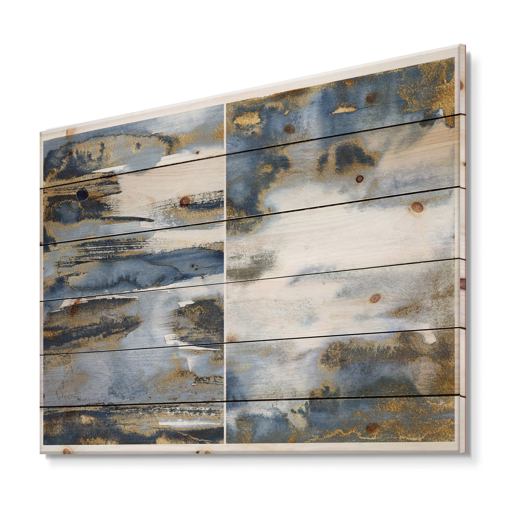 Designart 'Gold and Dark Blue Abstract Waves III' Modern Print on Natural Pine Wood