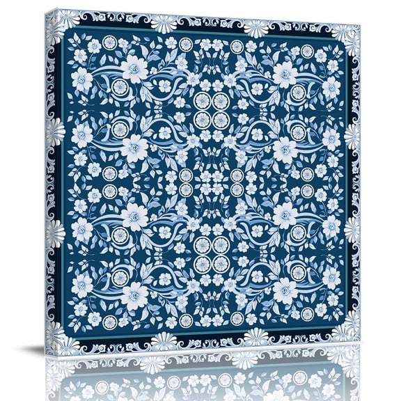 Framed Canvas Wall Art for Living Room Blue Floral Wall Decor, Vintage Flower Frame Aesthetic Paintings for Bedroom Office Kitchen Bathroom, Ready to Hang Artwork Wall Pictures 8x8 Inch