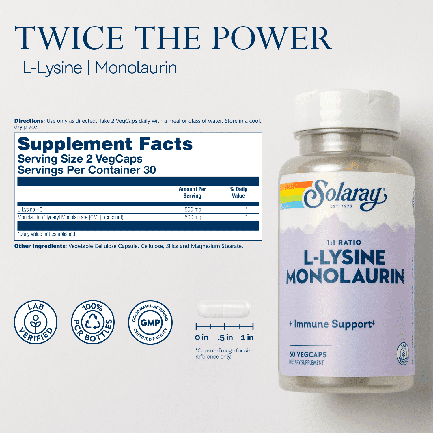 Solaray L-Lysine Monolaurin Immune Support Supplement, 1:1 Ratio for Immune System Function, 500 mg Each, 60-Day Money Back Guarantee, 30 Servings, 60 VegCaps