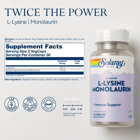 SOLARAY L-Lysine Monolaurin Immune Supplement | 1:1 Ratio for Immune System Function & Skin Health Support, 60 VegCaps, 30 Serv.