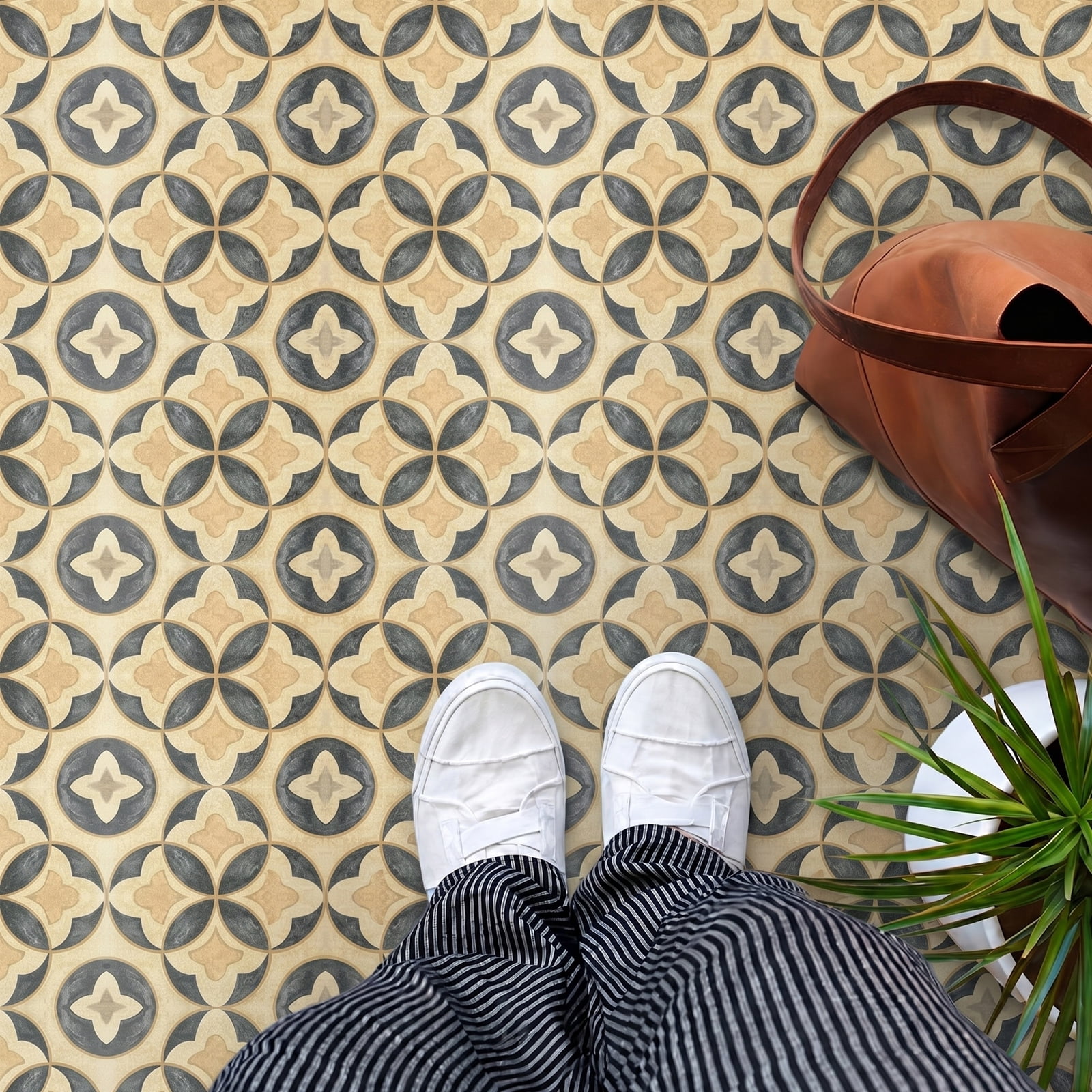 DEWOO 10PCS 12" x 12" Peel and Stick Floor Tiles, Vintage Floral Removable Self Adhesive Vinyl Flooring Stickers, Renter Friendly DIY Tile for Kitchen Entryway Bathroom Living Room