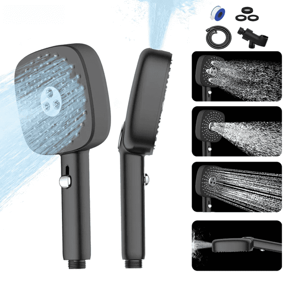 Square Hand Shower Head with Self-Cleaning, 3 Modes, with 60" Hose & Stand - Black