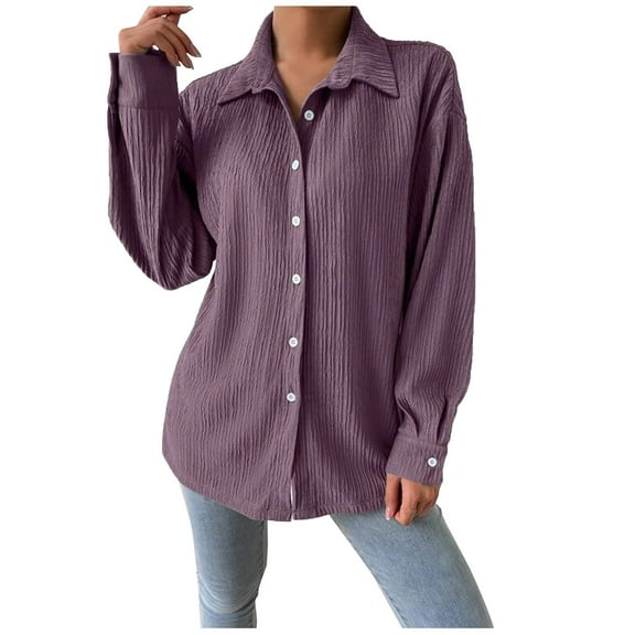 Ladies Fashion Button up Shirts Classic Solid Color Lapel Casual Long Sleeve Pleated Tee Matching Lightweight Blouse(Purple,XL)