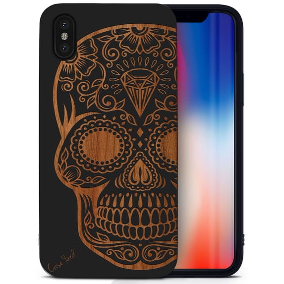 Case Yard Wooden Case for iPhone-XS-Max Soft TPU Silicone cover Slim Fit Shockproof Wood Protective Phone Cover for Girls Boys Men and Women Supports Wireless Charging Diamond Skull Design