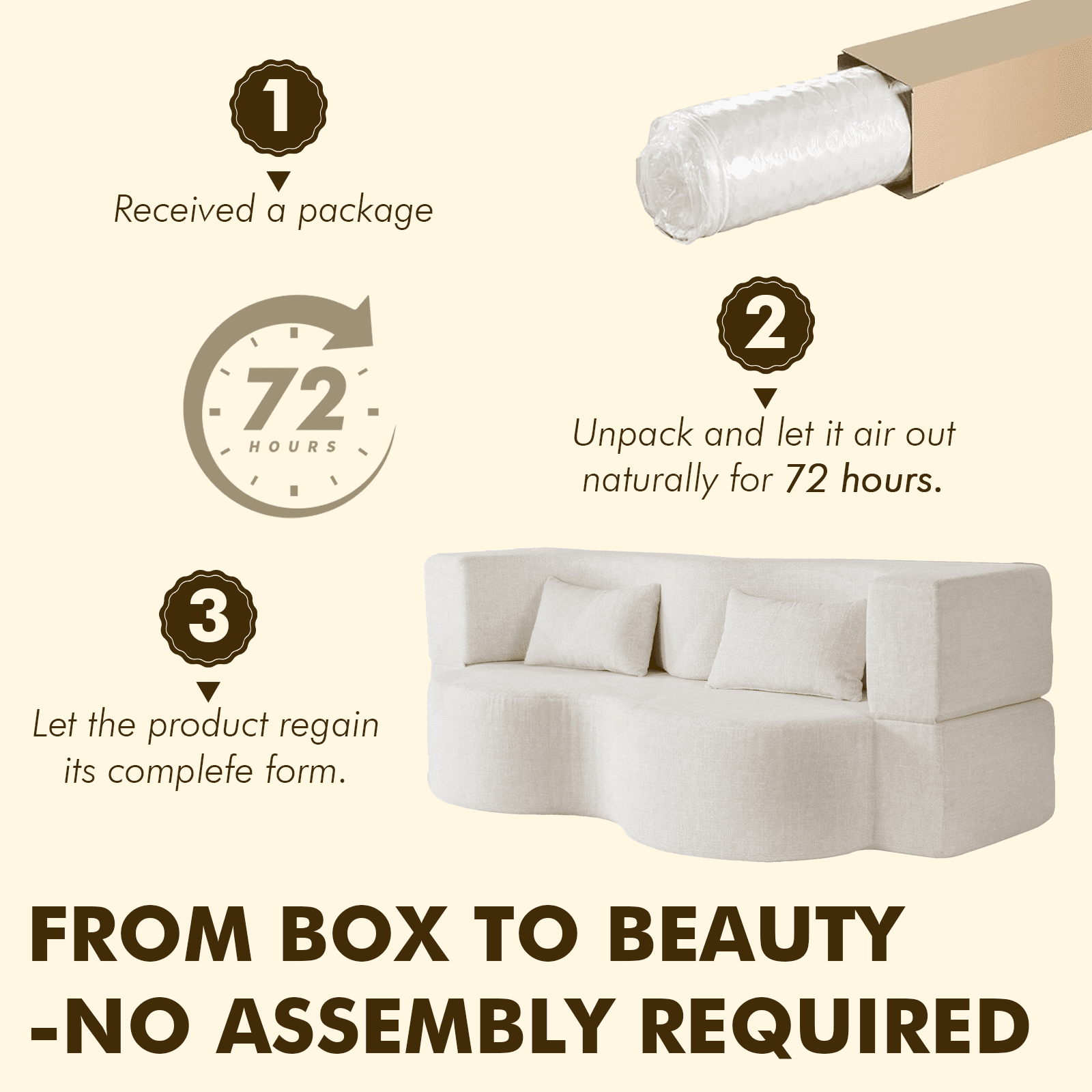 MOONMISS 75'' Folding Boneless Couch, 2-in-1 Sleeper Sofa Bed with Memory Foam, Foldable Sofa with 2 Pillows Living Room, Apartment No Assembly,Beige