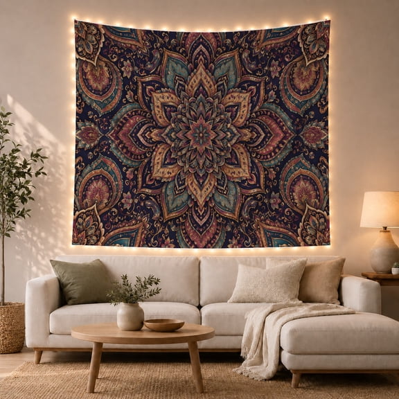 Intricate Mandala With Dark Navy Background, Mystical Folk Art for Boho Decor Lovers, Ethnic Wall Decor, Housewarming Gift Tapestry Wall Hanging for Bedroom and Living Room