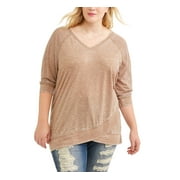 Women's Plus 3/4 Sleeve V-Neck Sweatshirt With Asymmetrical Hem