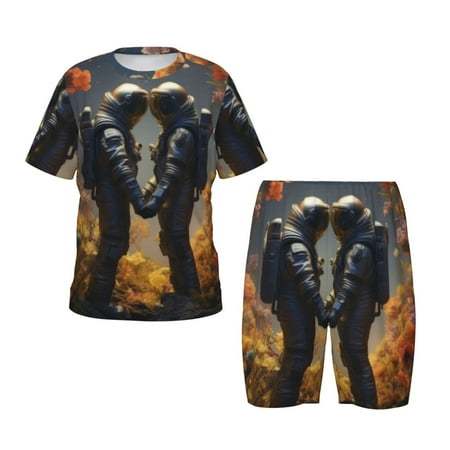 Luyuia Romantic Flower Astronaut Couple Print Girls  2-Piece Tie-Dye Pajama Set  Cute Summer Loungewear with Shirt and Tank Shorts Nightwear-4X-Large