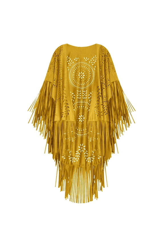 QQAMB Women's Faux Suede Shawls and Wraps, Vintage Fall Winter Hollow Long Tassels Stole Shrug Cape Scarf