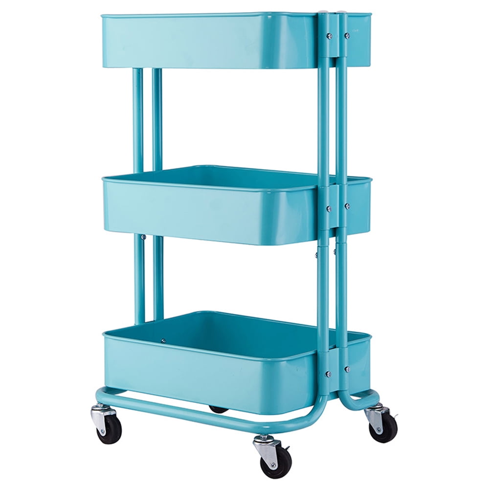 2-Tier Metal Utility Rolling Cart Storage Side End Table with Cover Board for Office Home Kitchen Organization Turquoise 