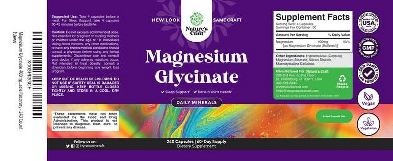 Nature’s Craft Pure Magnesium Glycinate Supplement for Relaxation and Sleep Support, 240 Capsules