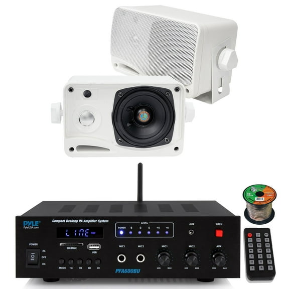 Pyle PFA600BU Compact Bluetooth USB AUX FM Radio Public Address Amplifier Receiver System Combo Bundle with 2x 3.5'' 200W Peak Power 3-Way Weather Proof Mini White Box Speakers, 16 Gauge Speaker Wire