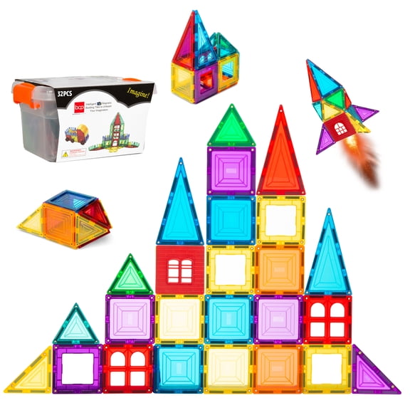 Best Choice Products 32-Piece Kids Magnetic Tiles Set, Educational Building STEM Toy w/ Case - Multicolor