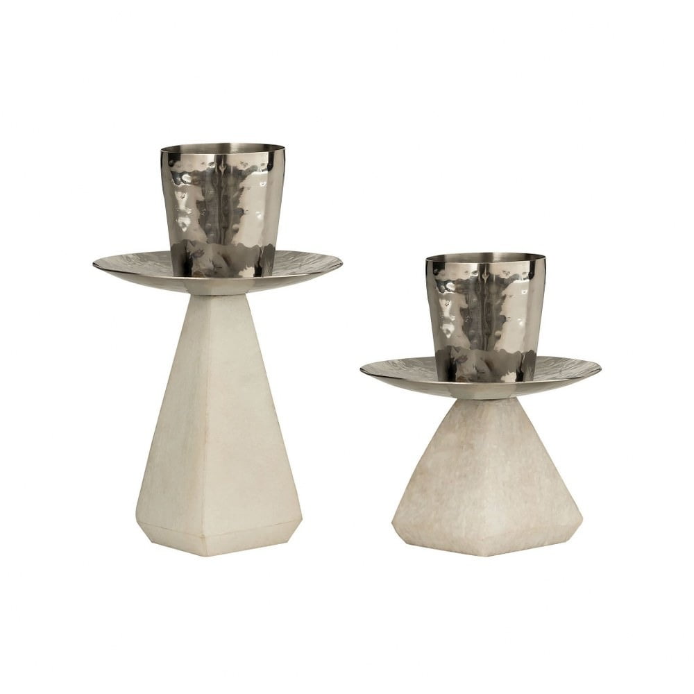 6.75 Inch Hammered Candle Holder on Marble Pyramid Base Set of 2 made