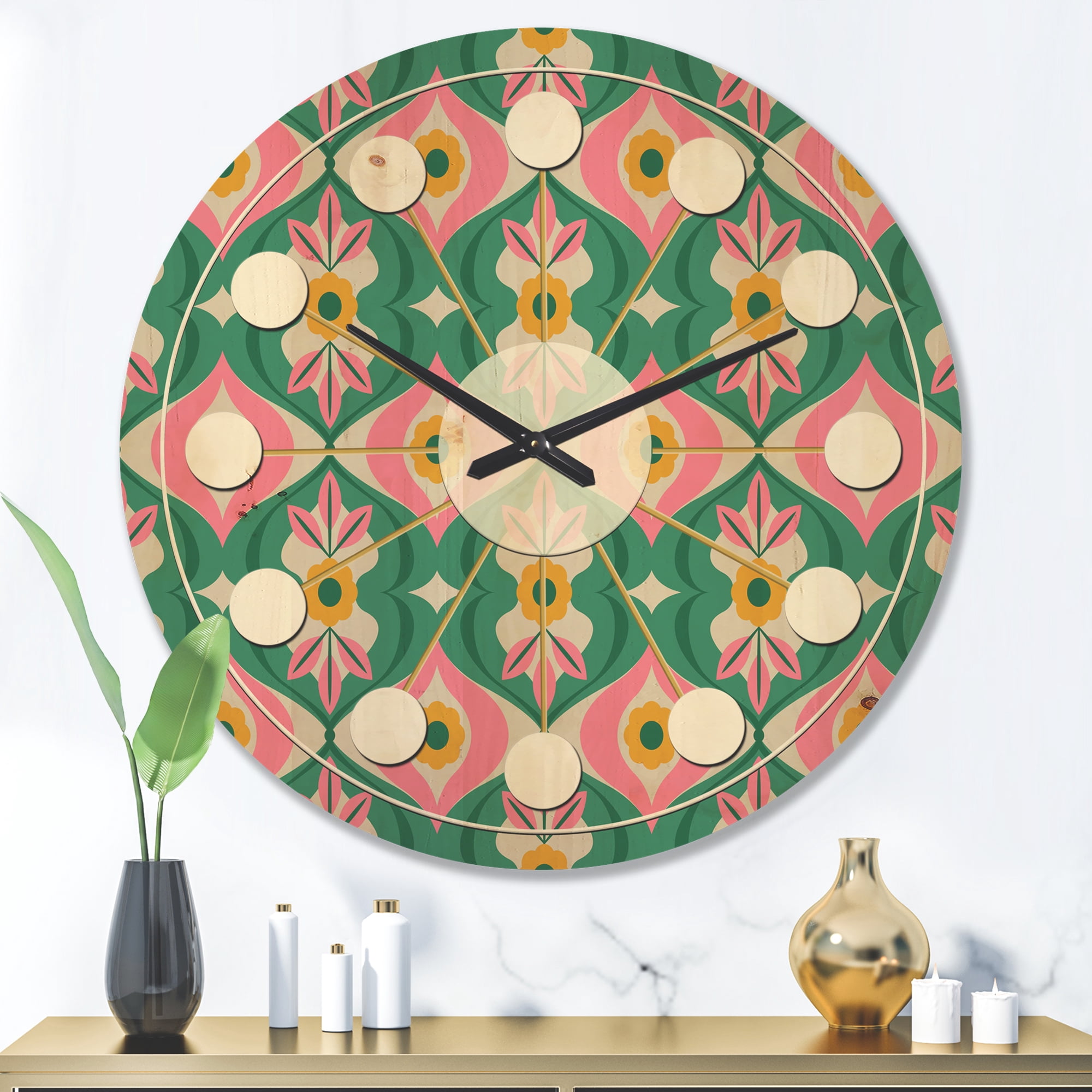Designart 'Flowers and Leaves With Retro Pattern' Mid-Century Modern Wood Wall Clock
