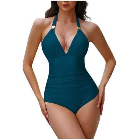 Clearance UTSJKR Women V Neck One Piece Swimsuits Tummy Control Ruched Swimwear Halter Bathing Suit Slimming 1 Piece Bikini Swimsuit Navy 8-10