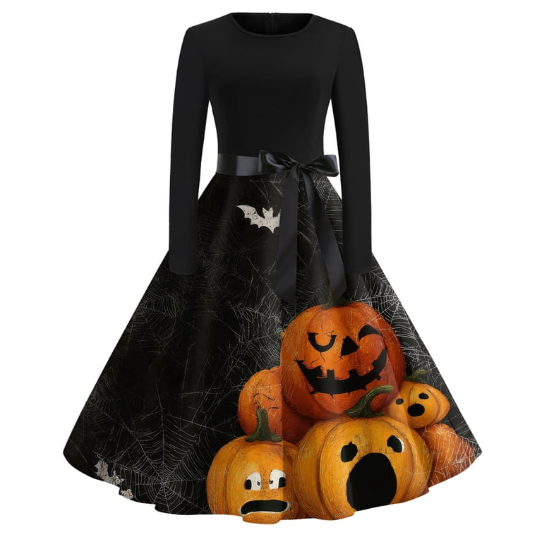 halloween ladies dresses Stralyhd All Hallows Eve Womens Party Long Sleeve Dress Festival Gathering Midi Dress Drawstring Scary Pumpkin Pattern Clothes Black Inexpensive Prom Dresses Sale