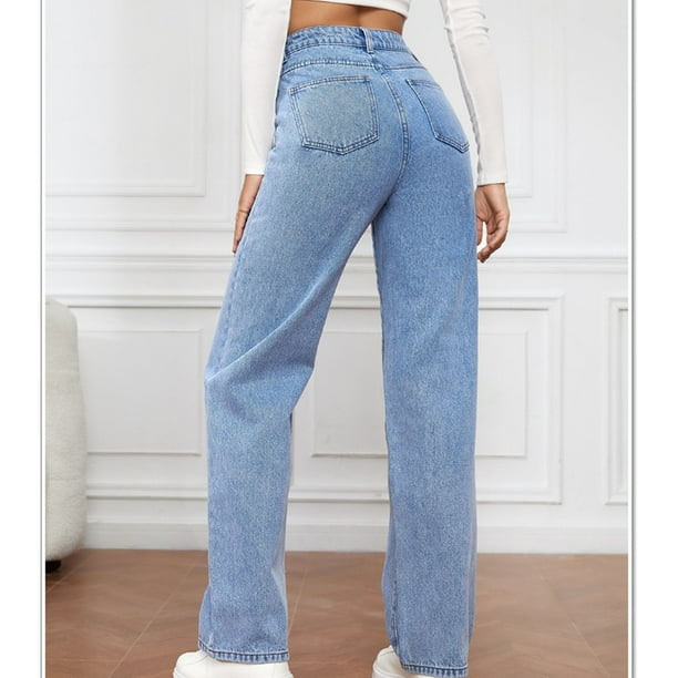 【2plan】Loose Basic Wide Denim Pants EZAPINE Women Wide Leg Jeans Elastic Mid Waist Belt Baggy