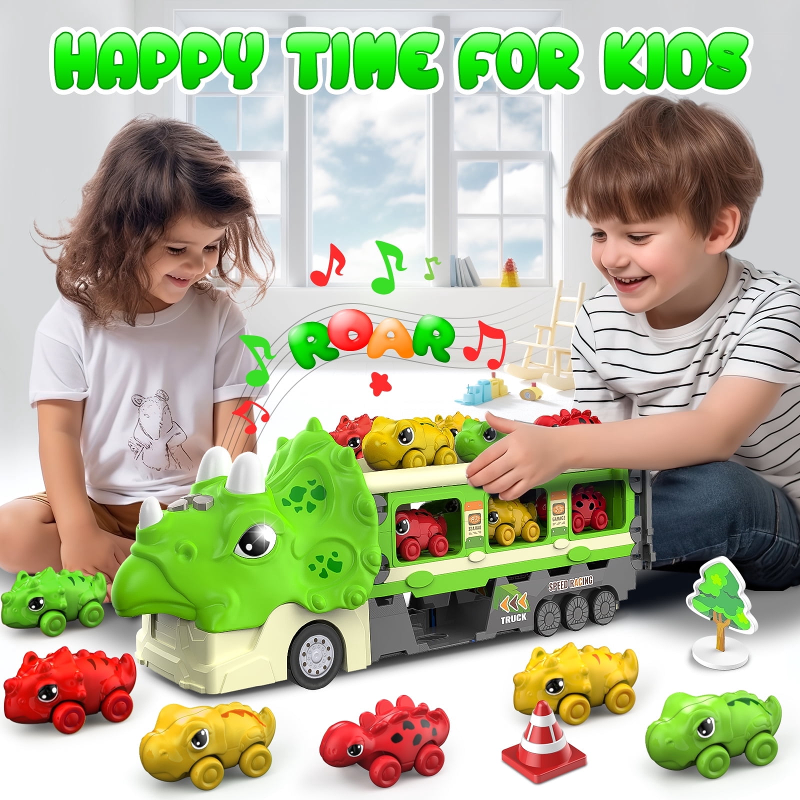Gkcity Dinosaur Transport Truck Toy - Foldable Sliding Ramp, 6 Racing Cars, Lights & Sounds - 19 Pieces