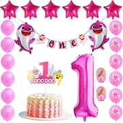 EMPIRE PARTY SUPPLY Baby Shark 1st Birthday Decorations for Girl, Pink Baby Shark One Banner, Cute Shark Helium Foil & Number 1 Foil Balloons, Doo Doo Cake Topper 1st Birthday for First Kid's Party