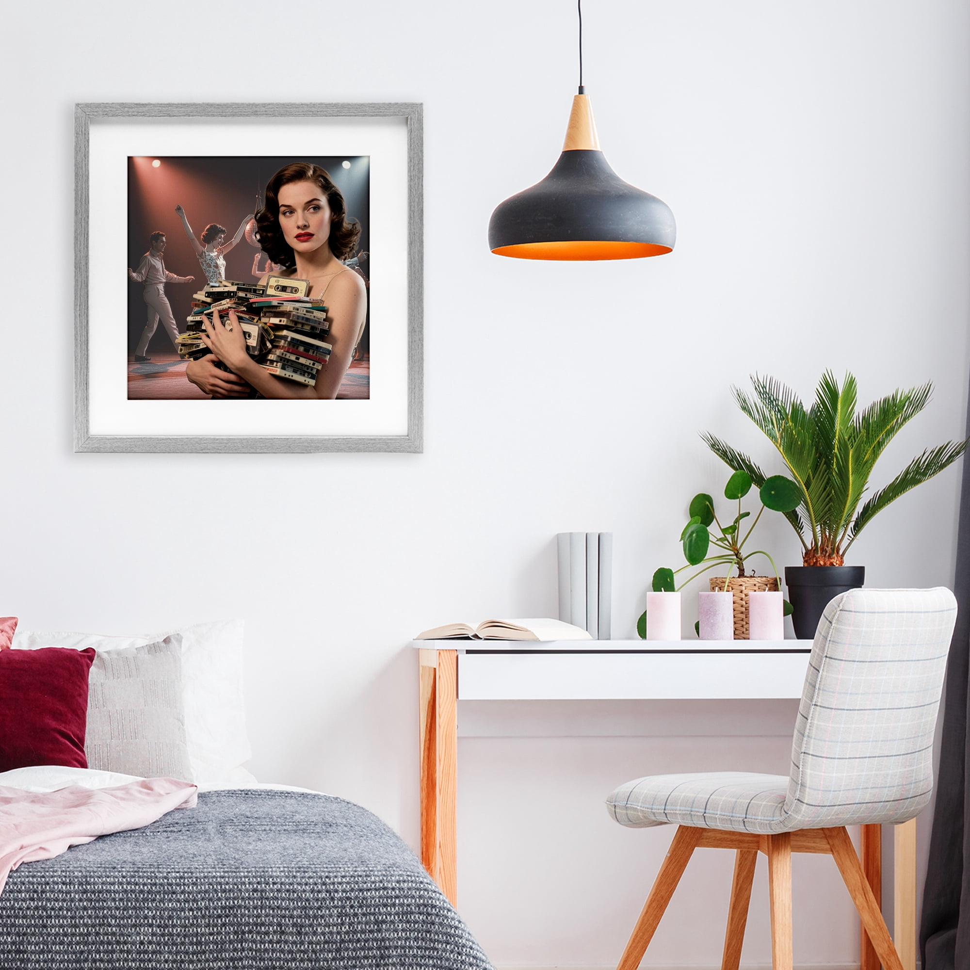 Stupell Industries Woman Holding Vintage Cassette Collection Gray Framed Print Under Glass, design by CAD Designs