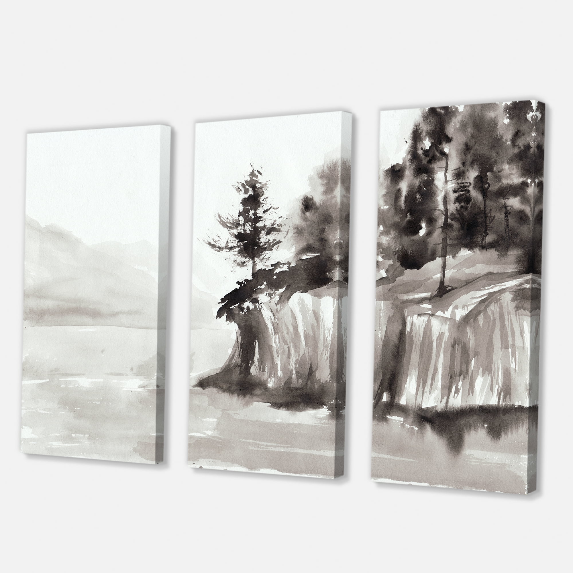 Designart ' Black & White Cliffs By The Lake ' Nautical & Coastal Canvas Wall Art Print