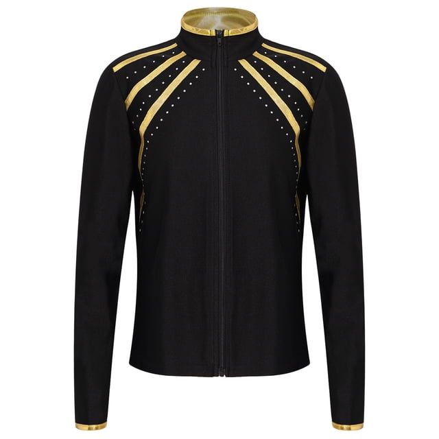 Doomiva Kids Girls Figure Skating Rhinestones Jackets Athletic Jacket Sweatshirts Ice Skating Gym Training Tops Gold 8