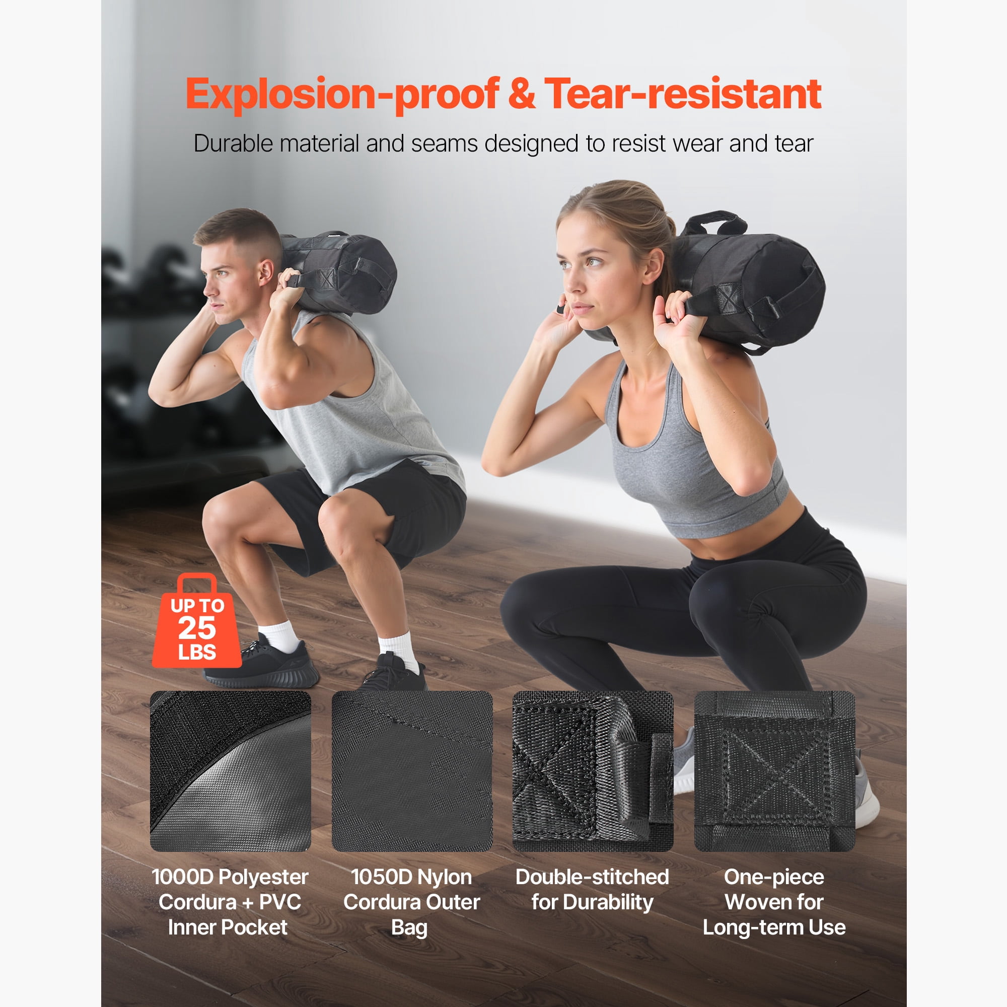 KFFKFF Adjustable Workout Sandbag with Handles, 5-25 lbs Heavy Duty Power Bag for Strength Training, Cross-Training, Home Gym Fitness, Black (Unfilled)