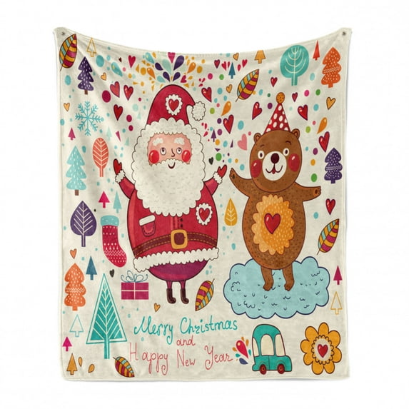 Christmas Soft Flannel Fleece Blanket, Santa and Teddy Bear Vintage Christmas Season Ornaments Party Kids Nursery Theme, Cozy Plush for Indoor and Outdoor Use, 50" x 70", Multicolor, by Ambesonne