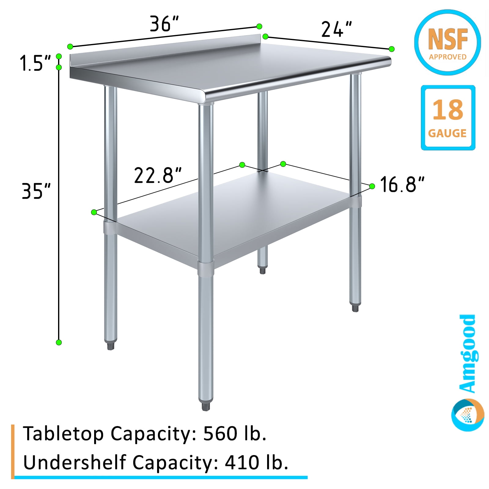 AmGood 24 in. x 36 in. Stainless Steel Work Table with 1.5 in. Backsplash | Metal Kitchen Food Prep Table