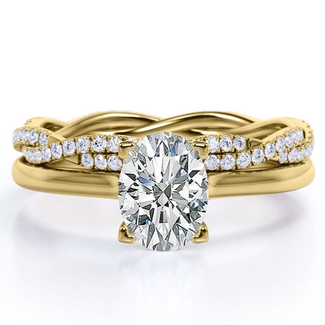 JeenMata Juego de 4 Puntas - Forma Ovalada de 1,75 Quilates - Juego de Boda con Caña Retorcida Pavé - Baño de Oro Amarillo de 18 K sobre Plata (Personaliza la Banda de Tu Anillo de Bodas)