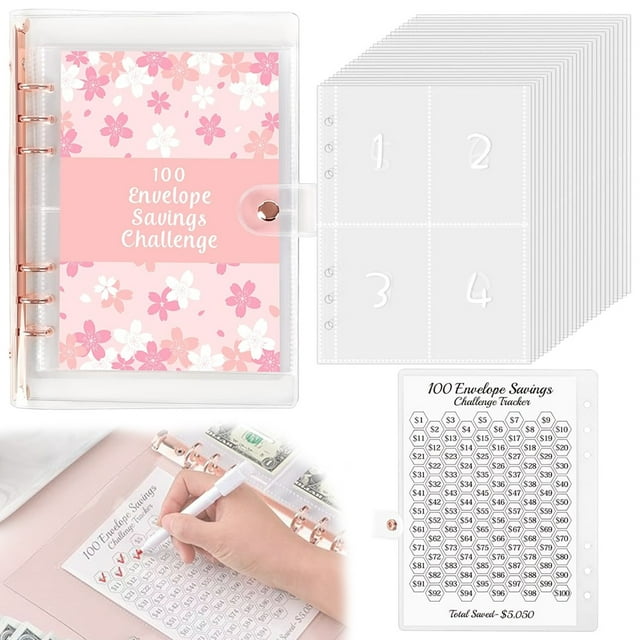 100 Envelopes Money Saving Challenge Binder, Money Saving Binder with Laminated $5050 Tracker Sheet & Pre-numbered Pockets