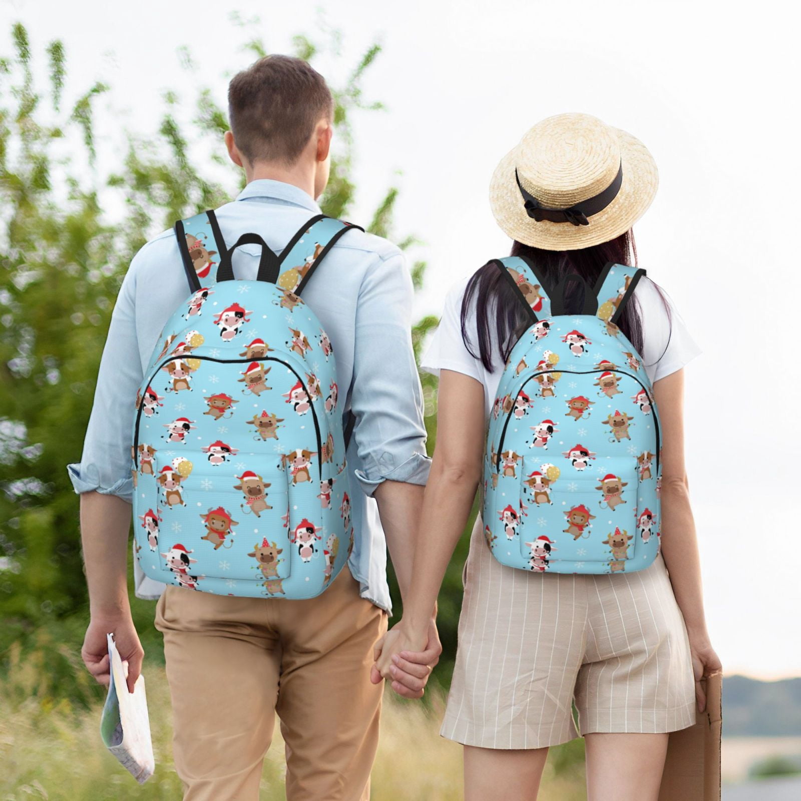 Vsdgher winter cow cute Print Canvas Backpack Travel Rucksack Unisex Knapsack 15.7/17.7Inch Laptop Backpack for Work,College -Small