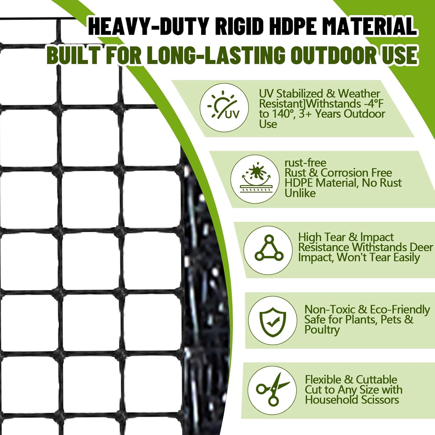 5x200ft (50gsm) Deer and Animal Fence Barrier Netting with 100 Zip Ties, Plastic Heavy Duty Mesh Fence Barrier, Ideal for Garden Netting, Against Bird, Fruit Plant Protection, Black