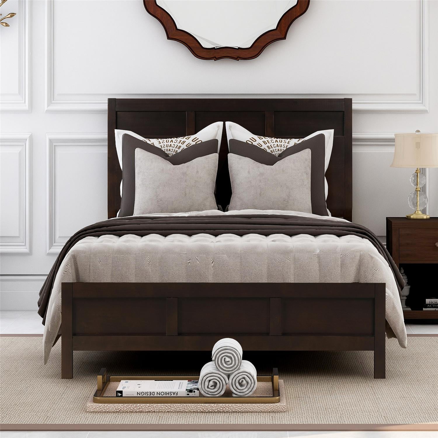 Full Size Classic Platform Bed Frame With Headboard Solid Pine Wood Bed Frame With Wooden Slats
