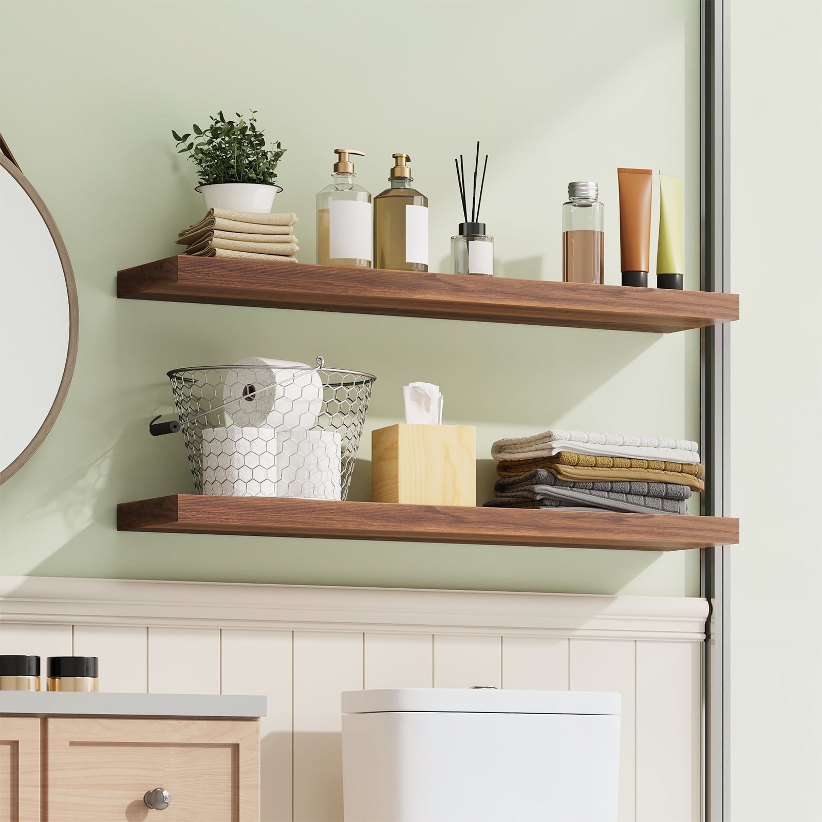 Fairy 2pcs Floating Shelves for Wall, 22.5in Bathroom Kitchen Shelves for Farmhouse Decor, Walnut