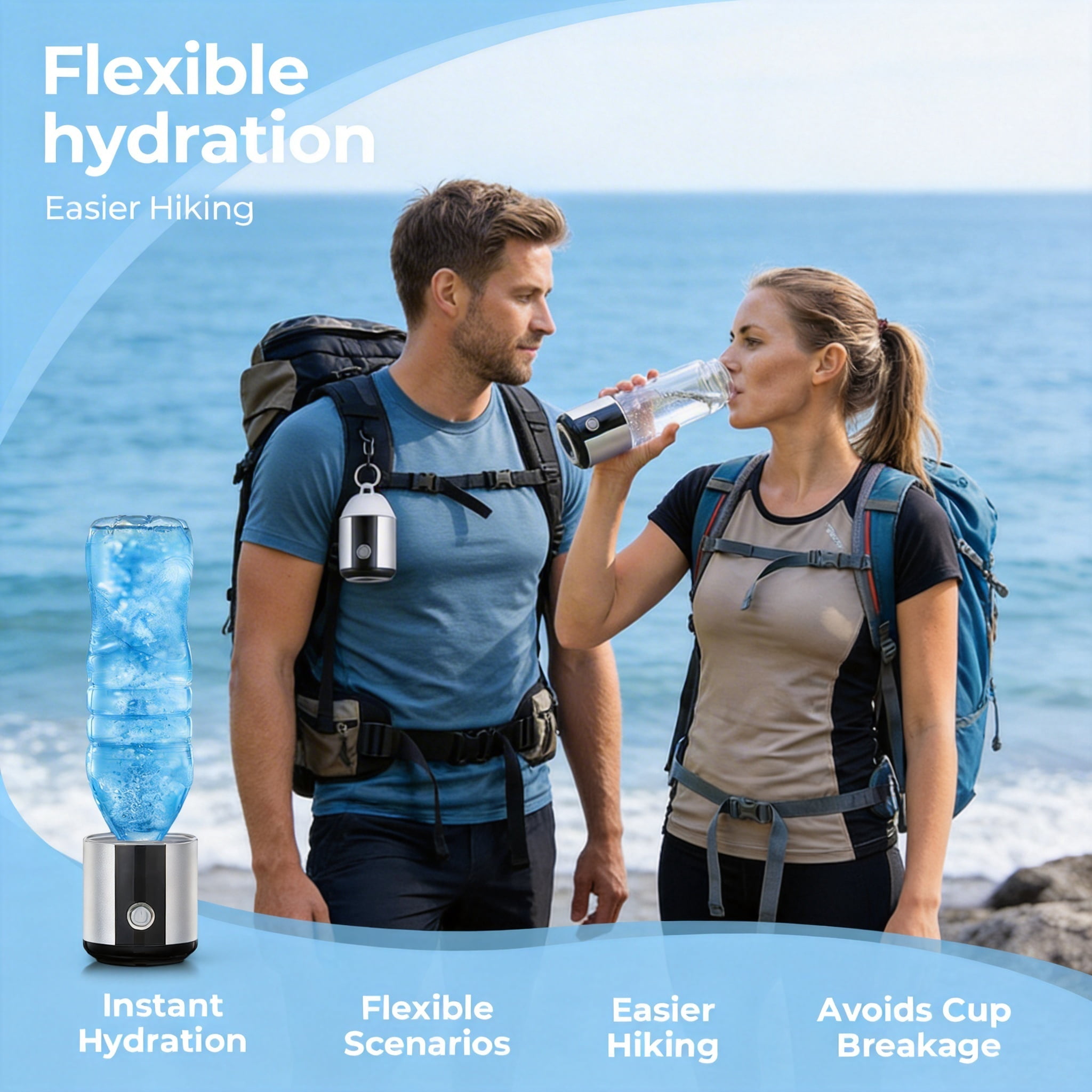 Hydrogen Water Bottle with Portable Hang-On Lid, Up to 6000 PPB, Screws onto Any Standard Water Bottle for On-the-Go Hydration, FDA Food-Grade & FCC Certified,  Outdoor