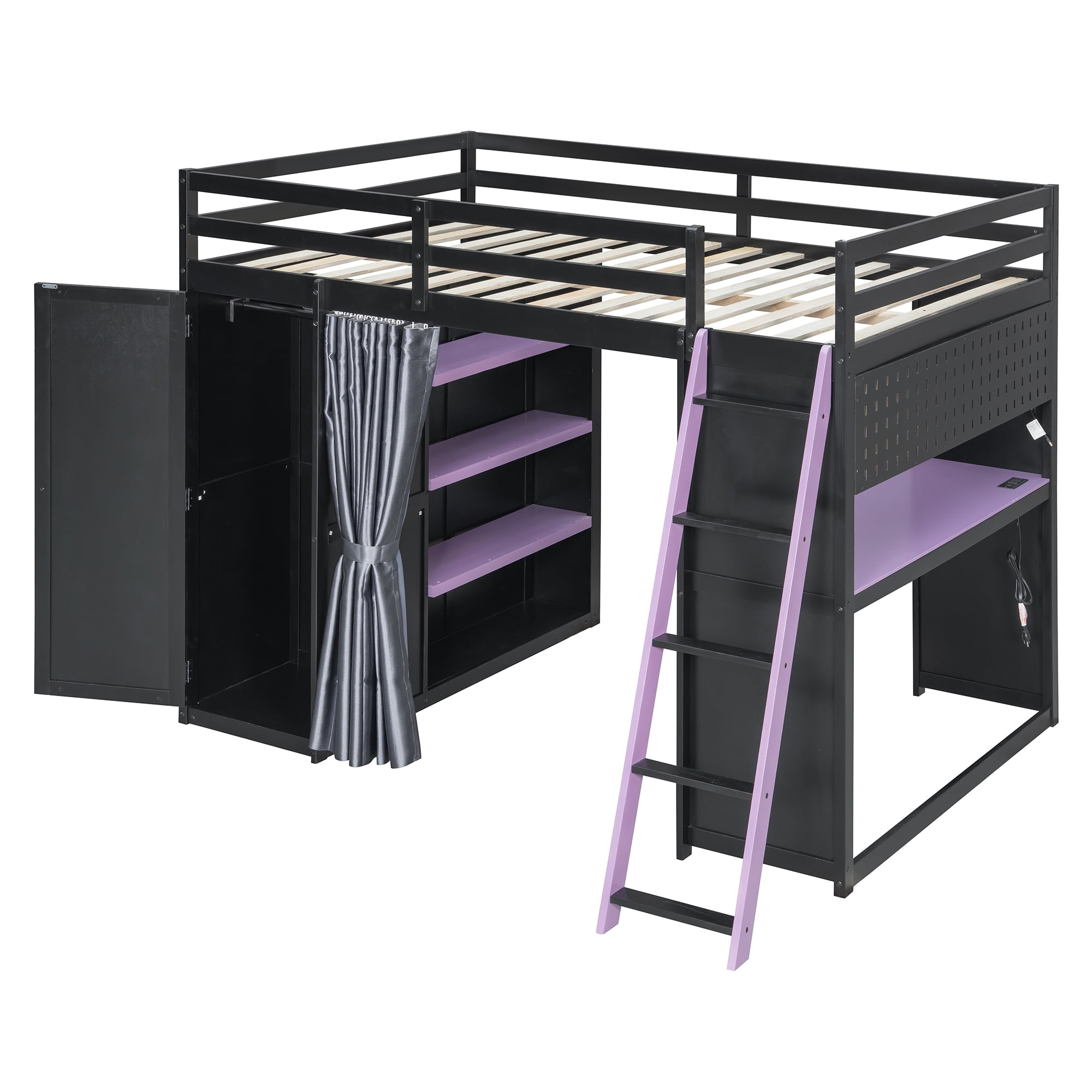 Mintazer Full Size Gaming Loft Bed with Workstation Desk & Wardrobe, Multifunctional Metal Loft Bed with Pegboard & Blackout Curtains, Black & Purple