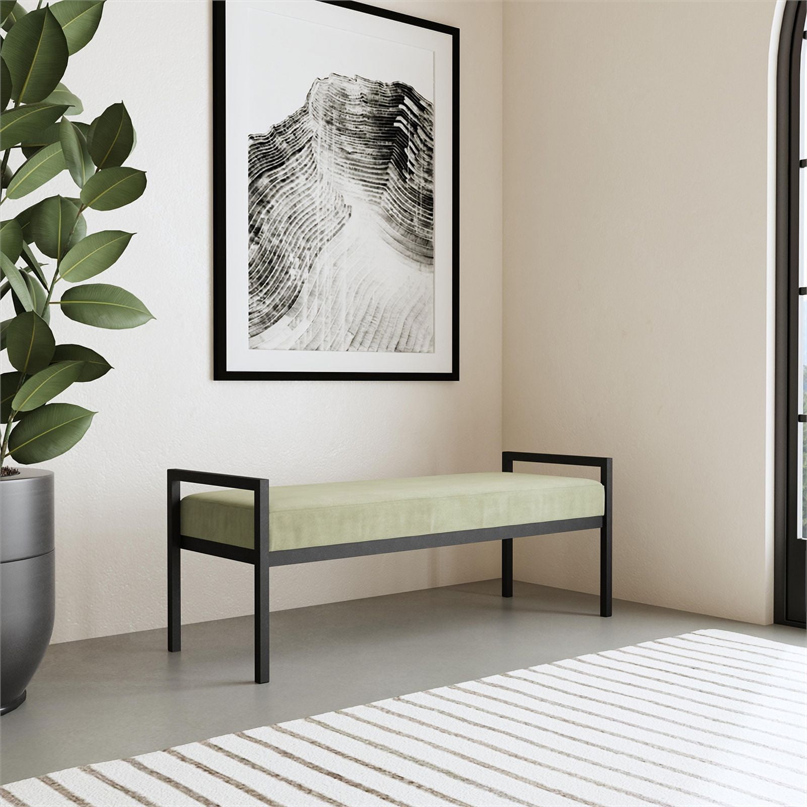 HomePop Modern Metal & Velvet Bench, 49.5"W x 17.25"D x 19"H, Light Sage Green/Black