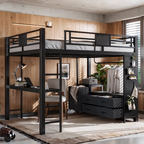 Queen Size Metal Loft Bed with Desk, Shelves, Clothesline, Pegboard and Laundry Hamper, Space-Saving Adult Bed for Dorms and Apartments, Black
