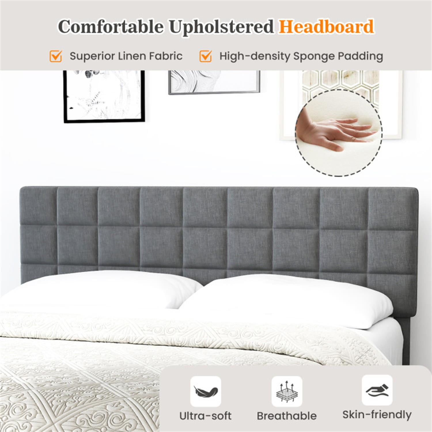 Demi Bonn King Size Bed Frame with Adjustable Headboard, Modern Linen Platform Bed Frame with 10 Strong Wood Slat Support, No Box Spring Needed, Gray