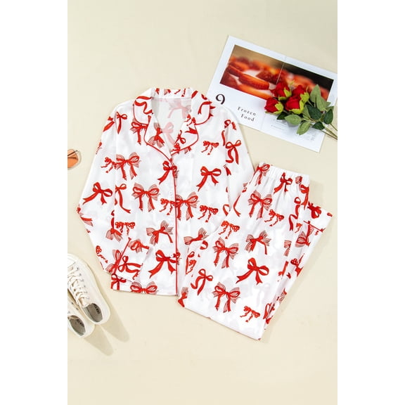 Red Christmas Bow Print Long 2pcs Pajama Set