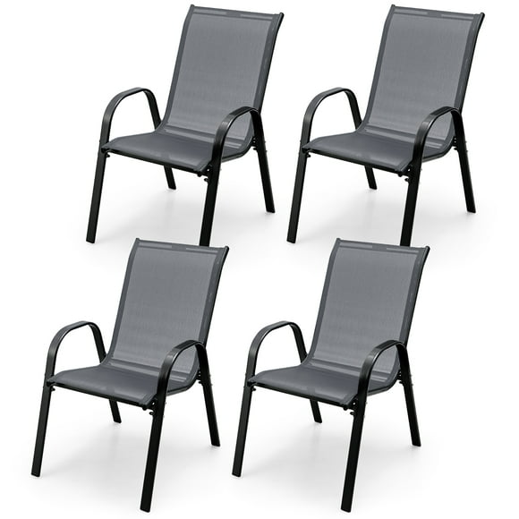 Costway Set of 4 Patio Dining Chairs Stackable Armrest Space Saving Garden Grey