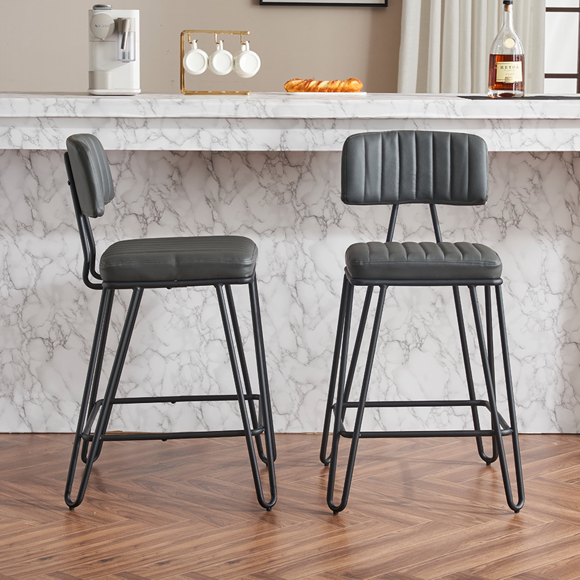Industrial Vintage Bar Stools Set of 2 Counter Height with Grey PU Leather and Black Metal Frame Angled Backrest for Kitchen Dining