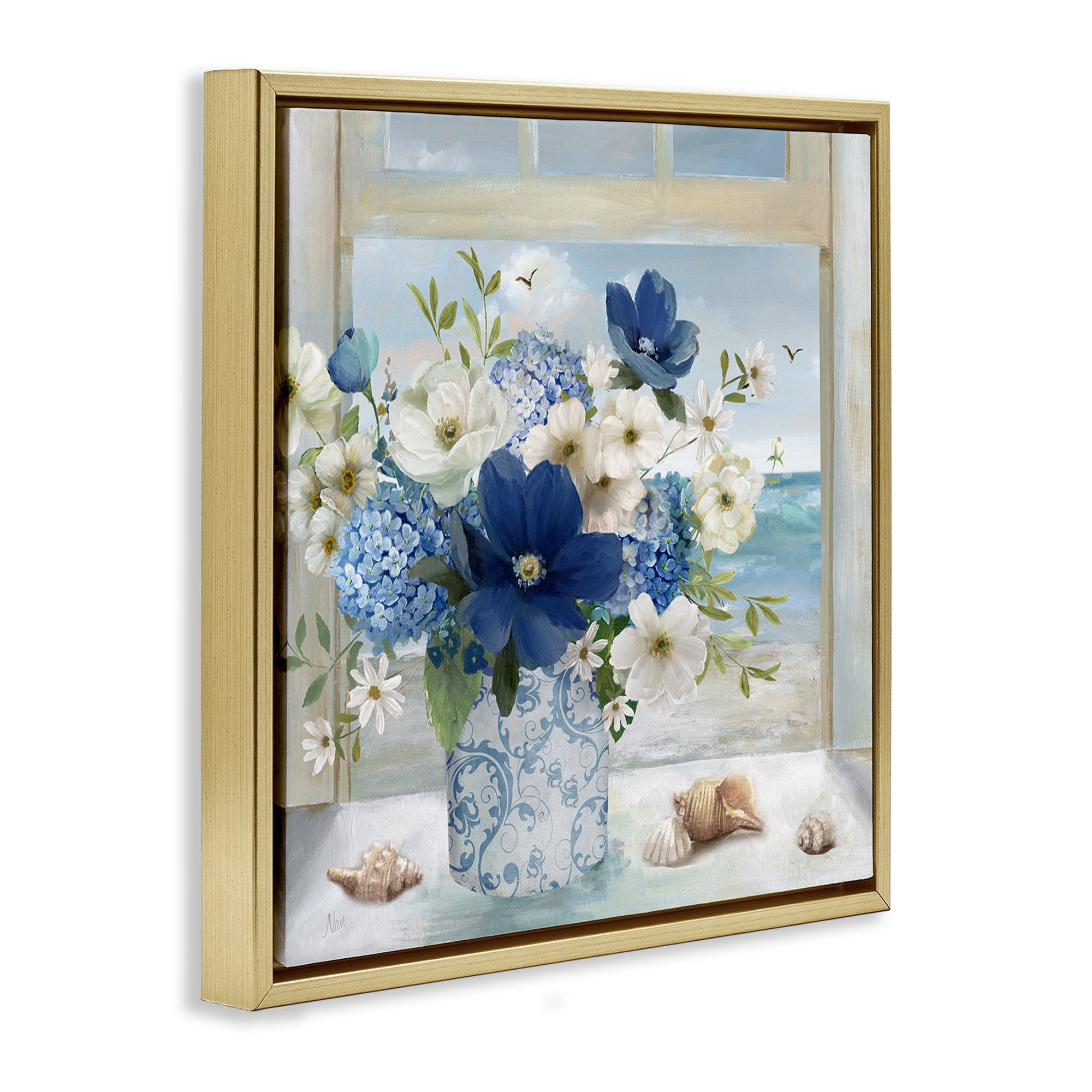 Stupell Industries Seaside Blue & White Arrangement Gold Framed Floater Canvas Wall Art, design by Nan