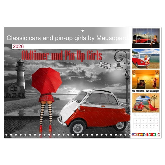 Classic cars and pin-up girls by Mausopardia (Monthly Wall Calendar 2026 16.5 x 23.4 (open)), CALVENDO 14 Month Calendar