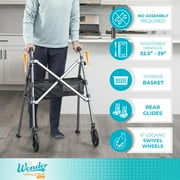 Stander Wonder Walker Plus, Lightweight Folding Rolling Walker for Seniors, Collapsible Travel EZ Fold-N-Go Walker with Wheels, Glides, Basket, Compact Standard Walker, Blue