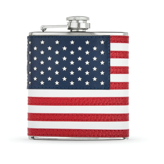 True American Flag Flask, 6 oz Stainless Steel Flask with Vegan Leather Wrap, Includes Twist-and-Lift Lid and Funnel, Drinking Flasks for Vodka Whiskey Tequila Rum, Travel Backpacking, 6 oz, Set of 1