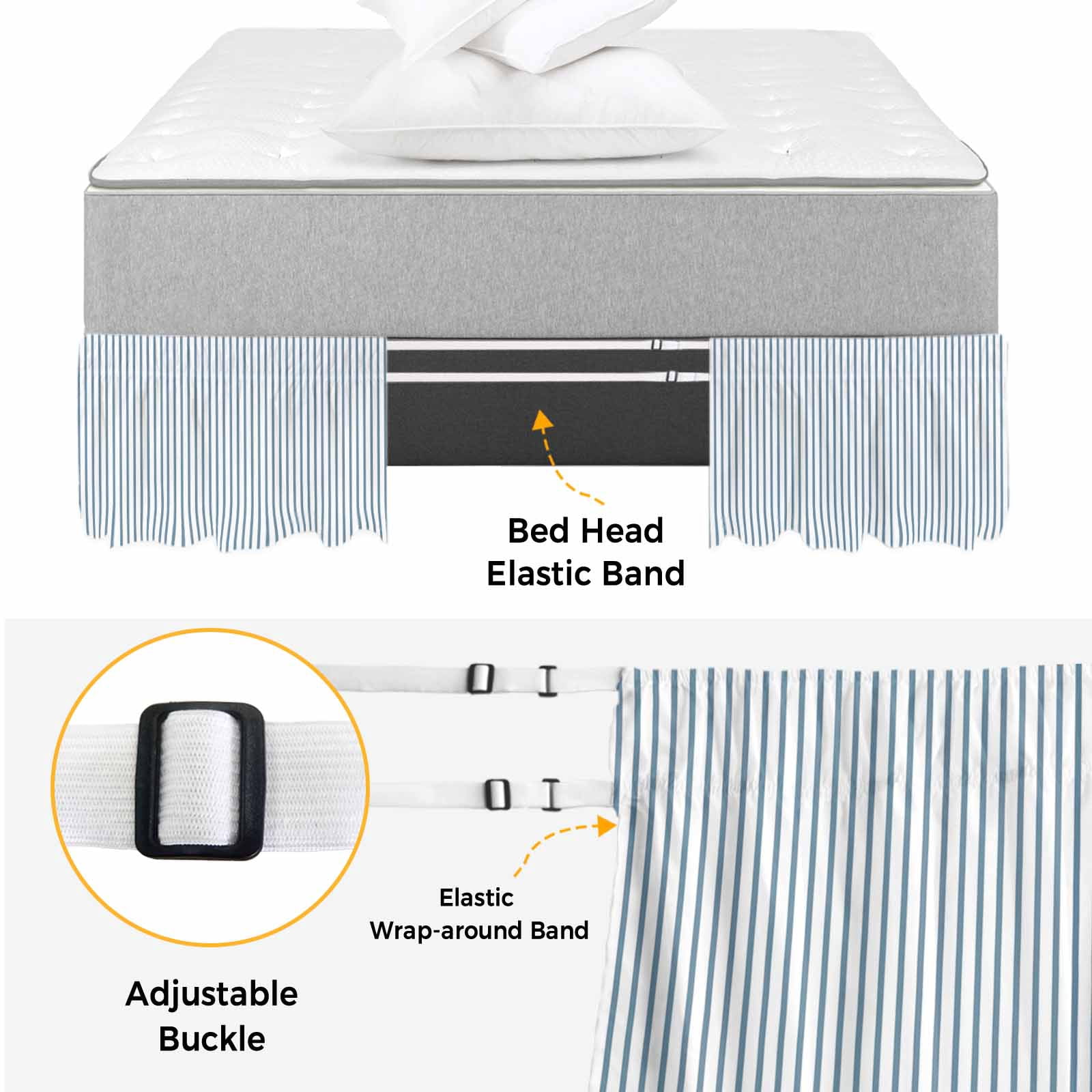 Bed Skirt Blue White Stripe Pattern Adjustable Elastic Wrap-Around Dust Ruffle with Simple Style Light Blue Pinstriped 16 Inch Drop, Bed Frame Cover for Queen Size Bed